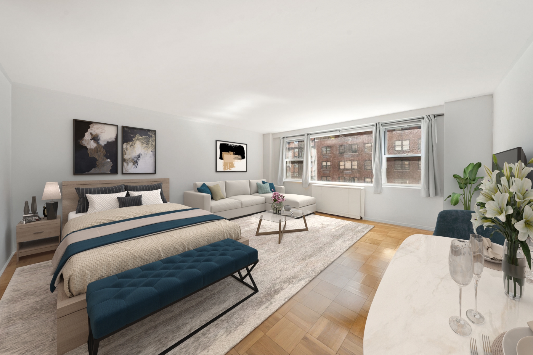 139 East 33rd Street, Unit 10D Manhattan, NY 10016 - Photo 2 of 13 a bedroom with a bed and glass windows