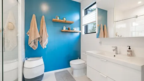 a bathroom with a toilet sink and mirror
