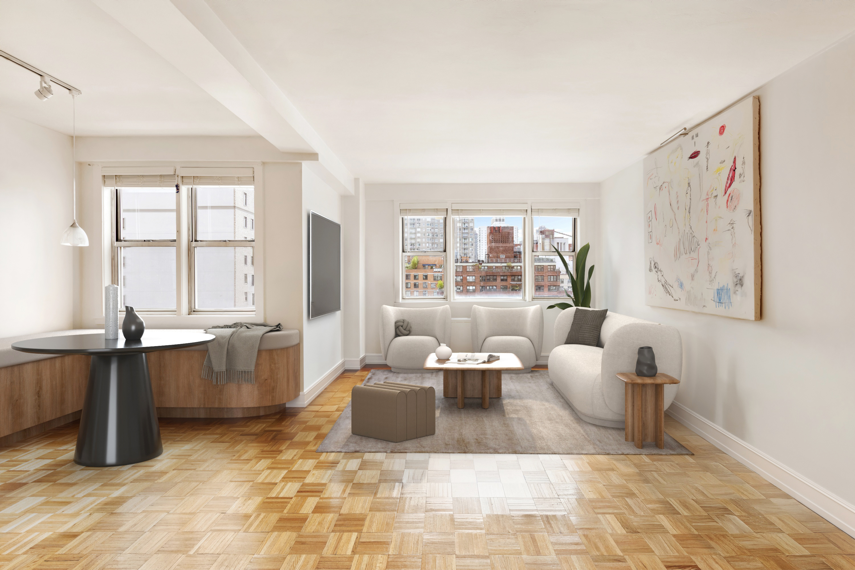 a living room with furniture and large windows