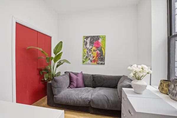 a living room with furniture flowerpot and a potted plant