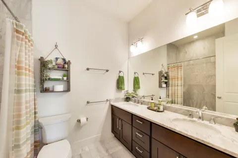 a bathroom with a double vanity sink toilet and a mirror