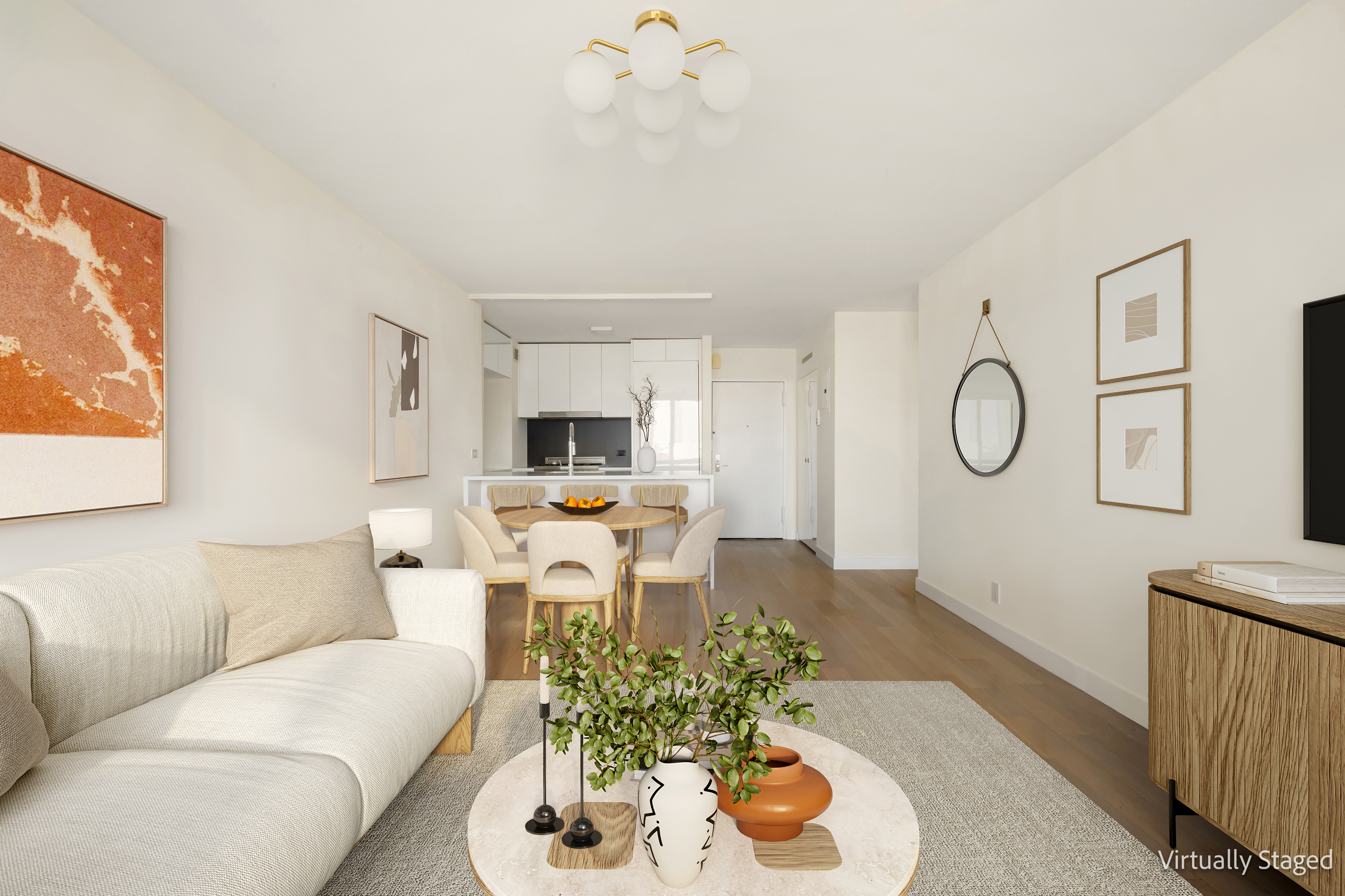 301 West 53rd Street, Unit 13C Manhattan, NY 10019 - Photo 2 of 13 a living room with furniture kitchen view and a large window