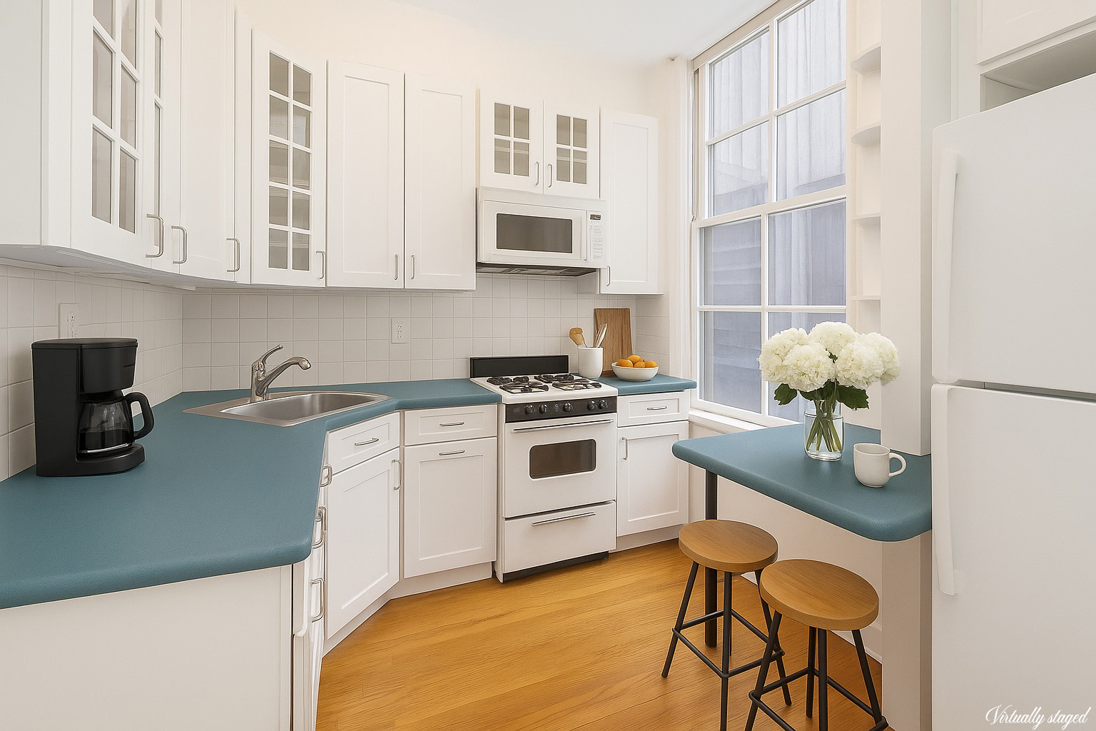 175 East 93rd Street, Unit 3B Manhattan, NY 10128 - Photo 8 of 12 a kitchen with stainless steel appliances granite countertop a stove a sink dishwasher and white cabinets with wooden floor