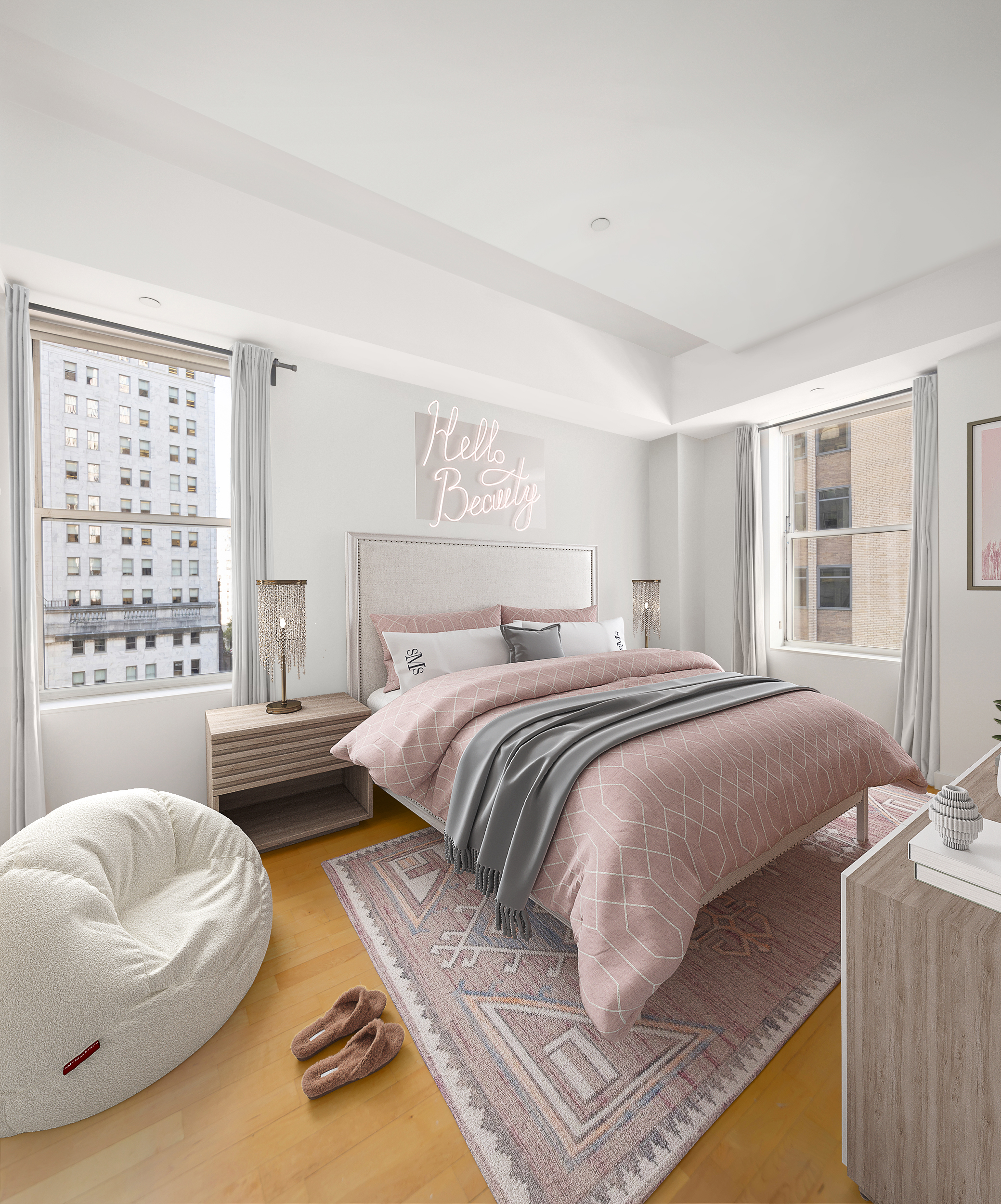 15 Broad Street, Unit 1100 Manhattan, NY 10005 - Photo 6 of 23 a bedroom with a bed and a couch with window