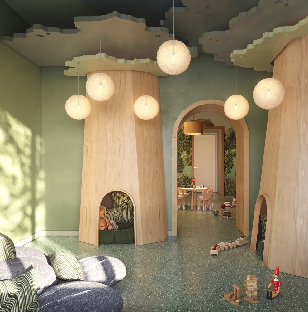 a living room with couches and chandelier