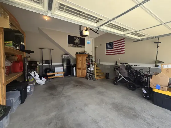 a view of a garage with storage