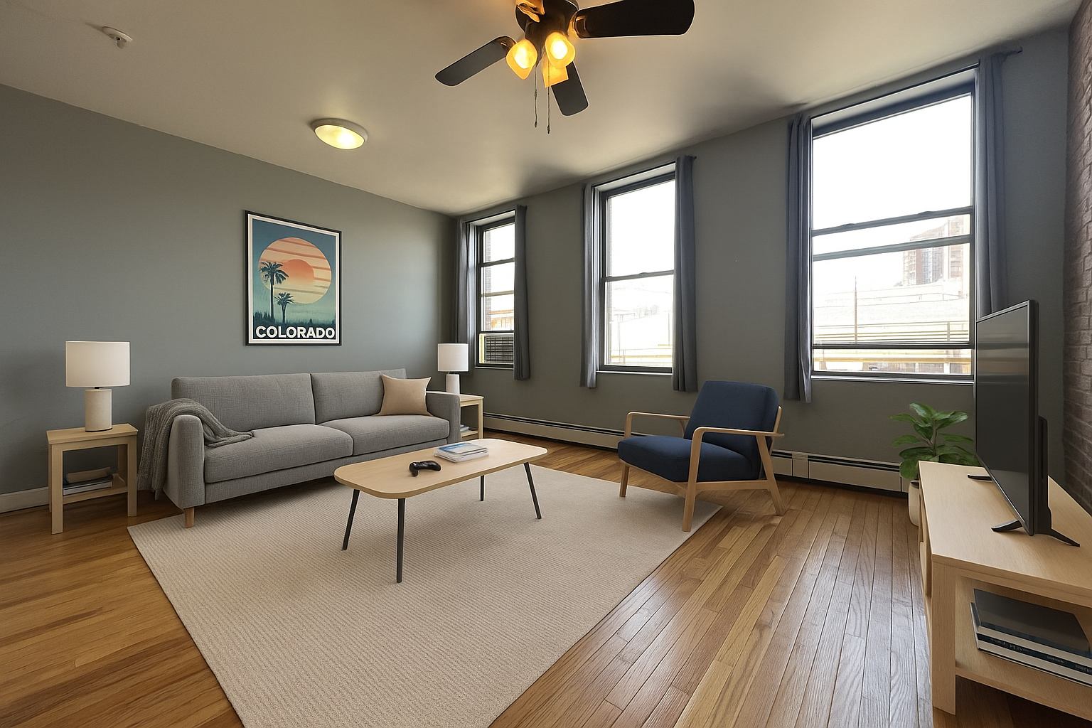 724 Broadway, Unit 3 Brooklyn, NY 11206 - Photo 1 of 4 a living room with furniture a wooden floor and a chandelier