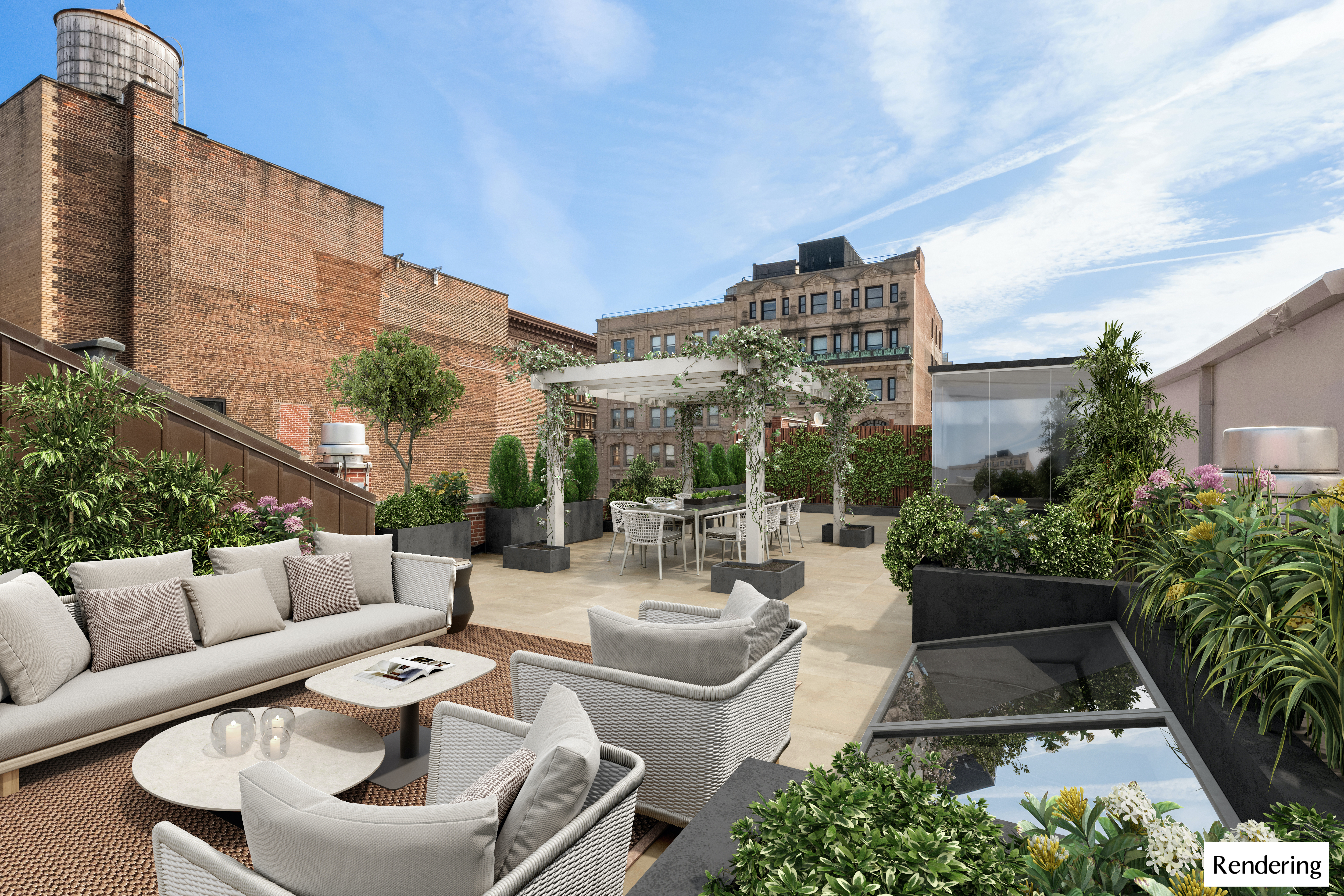 519 Broadway, Unit PHC Manhattan, NY 10012 - Photo 10 of 16 a view of a patio with couches table and chairs and potted plants