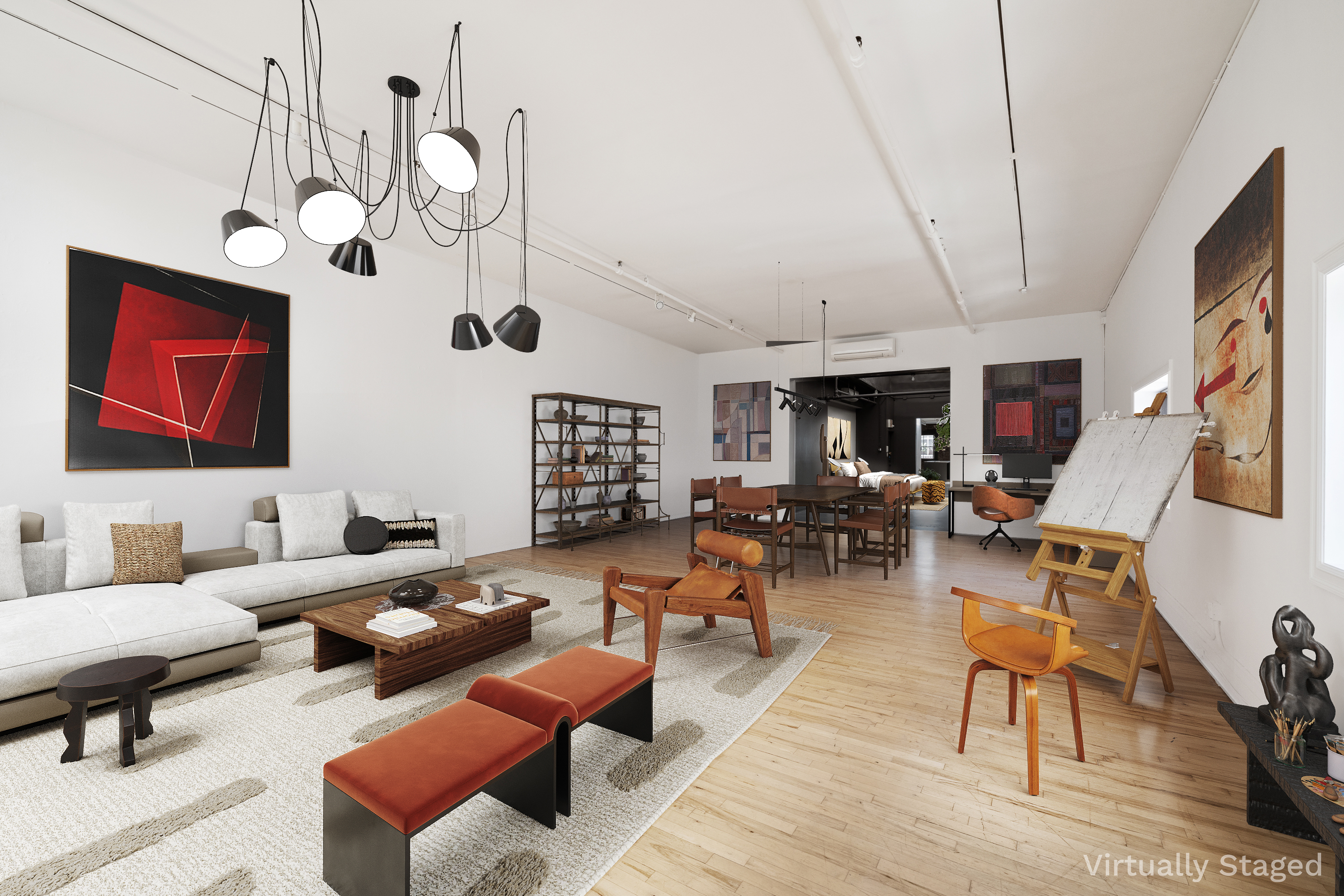 a living room with lots of furniture and a large window