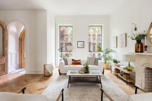 a living room with furniture and a potted plant