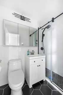 a bathroom with a sink a toilet and shower
