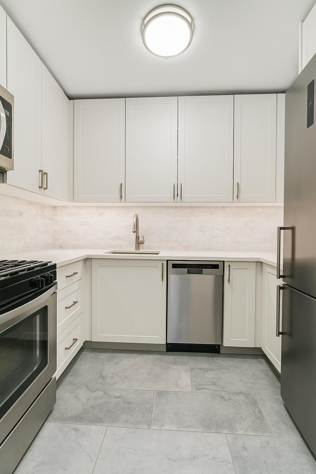 301 East 69th Street, Unit 3M Manhattan, NY 10021 - Photo 6 of 12 a kitchen with granite countertop white cabinets and stainless steel appliances