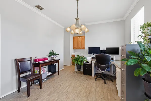 a workspace with furniture a potted plant and wooden floor