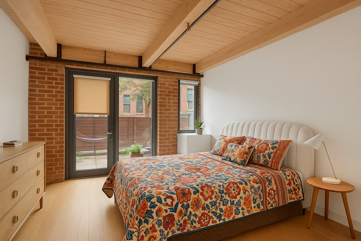 a bed sitting in a bedroom next to a large window