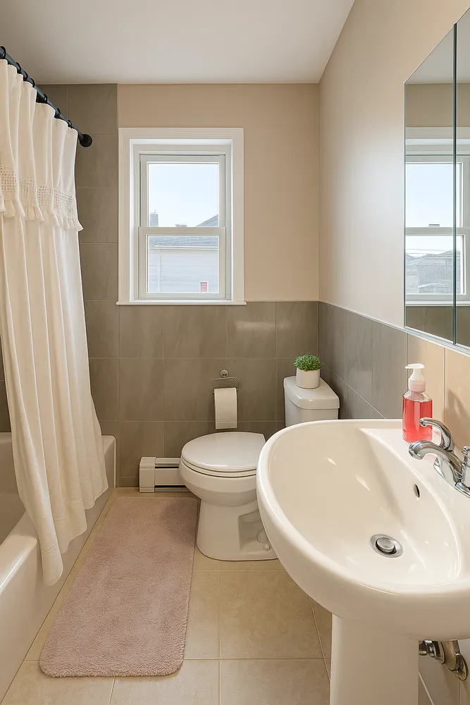a bathroom with a sink a toilet and a window