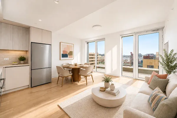 a living room with furniture and a refrigerator
