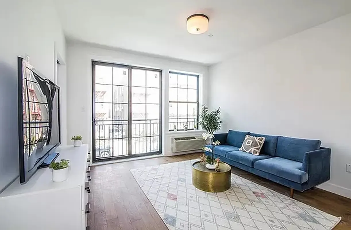 a living room with furniture and a potted plant