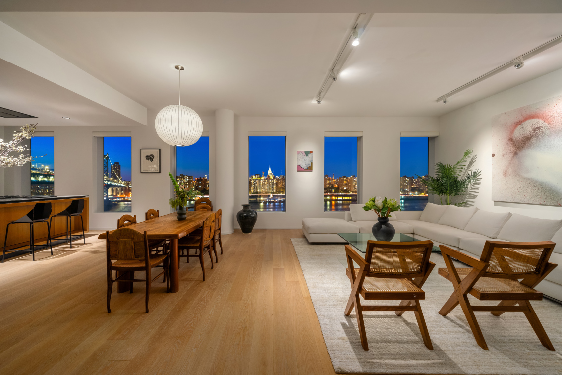 1 John Street, Unit PHC Brooklyn, NY 11201 - Photo 6 of 26 a living room with furniture a dining table and a potted plant with wooden floor