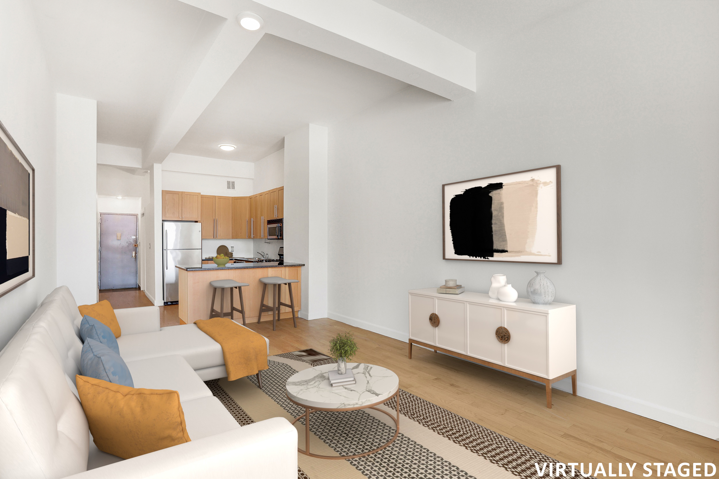 315 7th Avenue, Unit 10E Manhattan, NY 10001 - Photo 1 of 13 a living room with furniture a flat screen tv and kitchen view