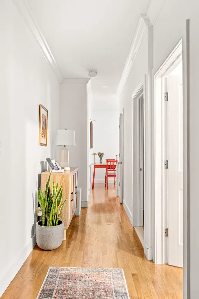 a hallway with a dining table and a potted plant