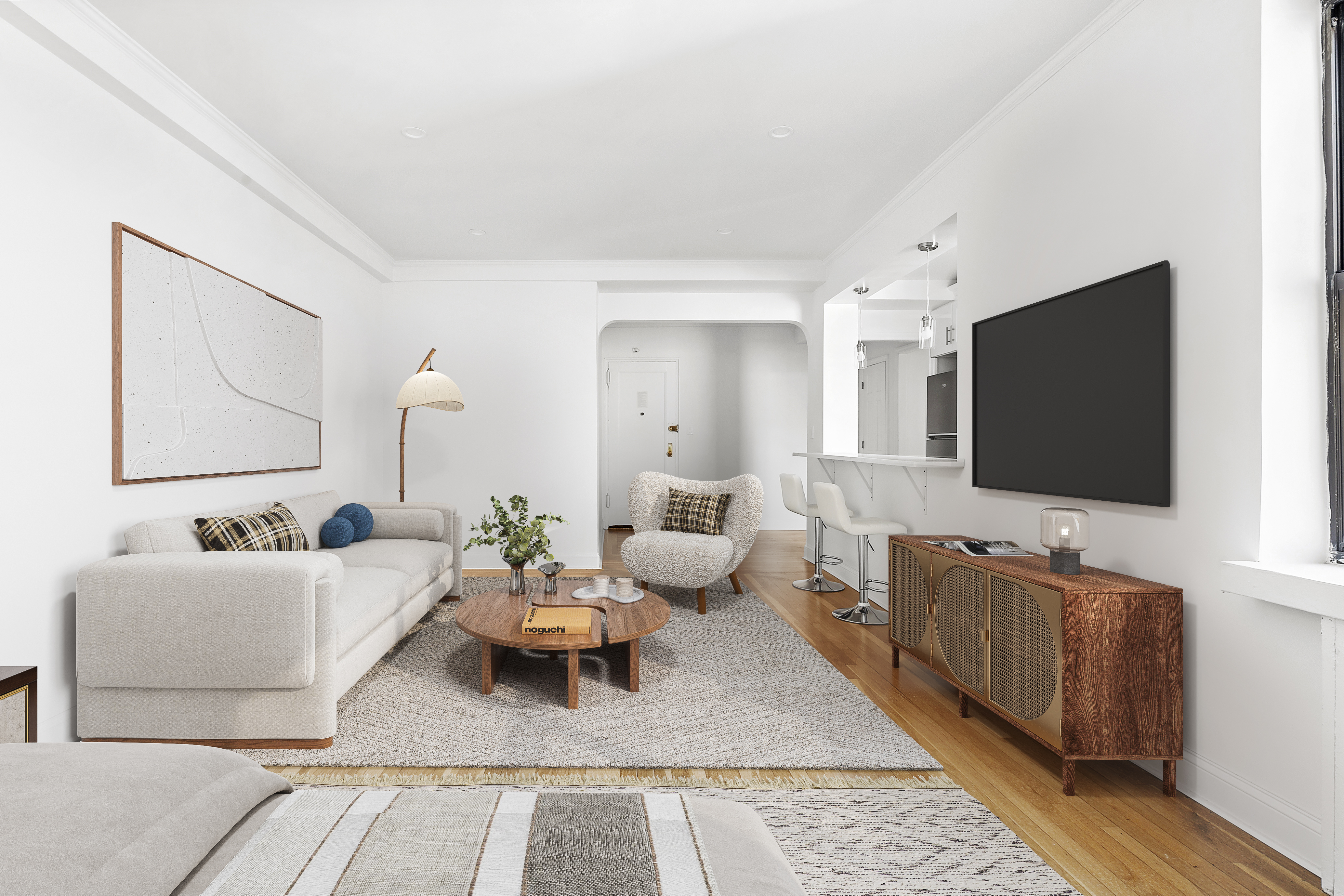 159-34 Riverside Drive West, Unit 7L90 Manhattan, NY 10032 - Photo 5 of 22 a living room with furniture and a flat screen tv