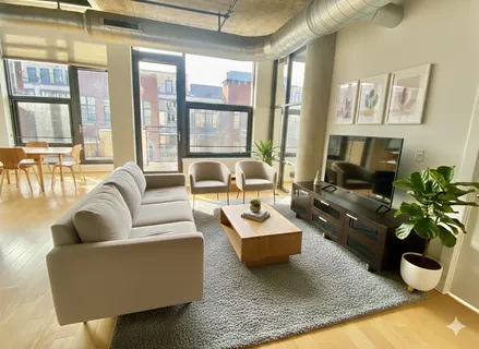 a living room with fireplace furniture and a potted plant