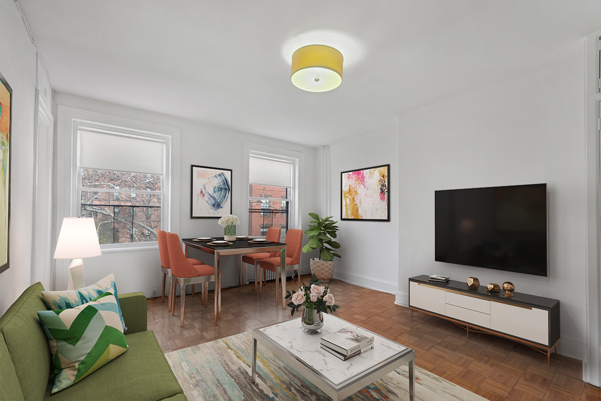 48 Livingston Street, Unit 3F Brooklyn, NY 11201 - Photo 1 of 11 a living room with furniture and a flat screen tv