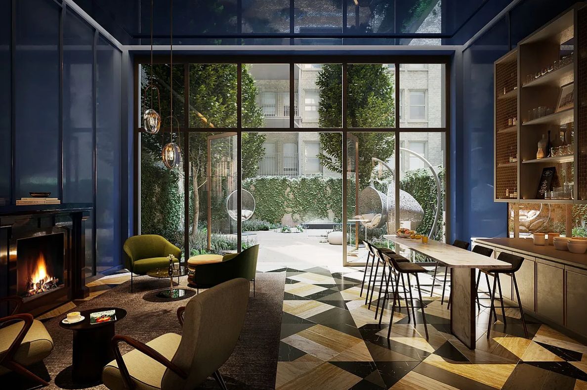 a living room with furniture and a floor to ceiling window