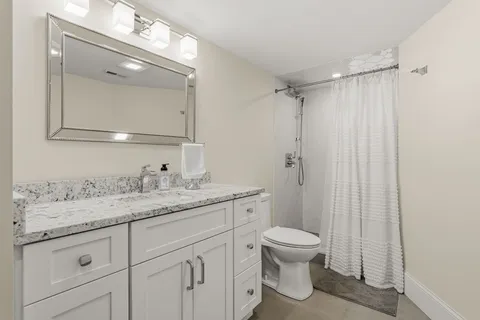 a bathroom with a granite countertop sink toilet a shower and a mirror