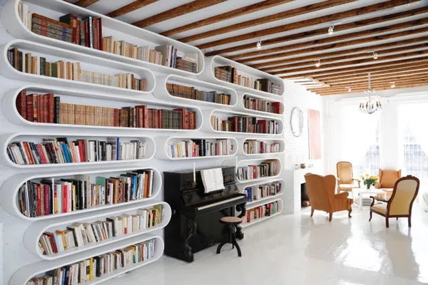 a living room with furniture and a book shelf