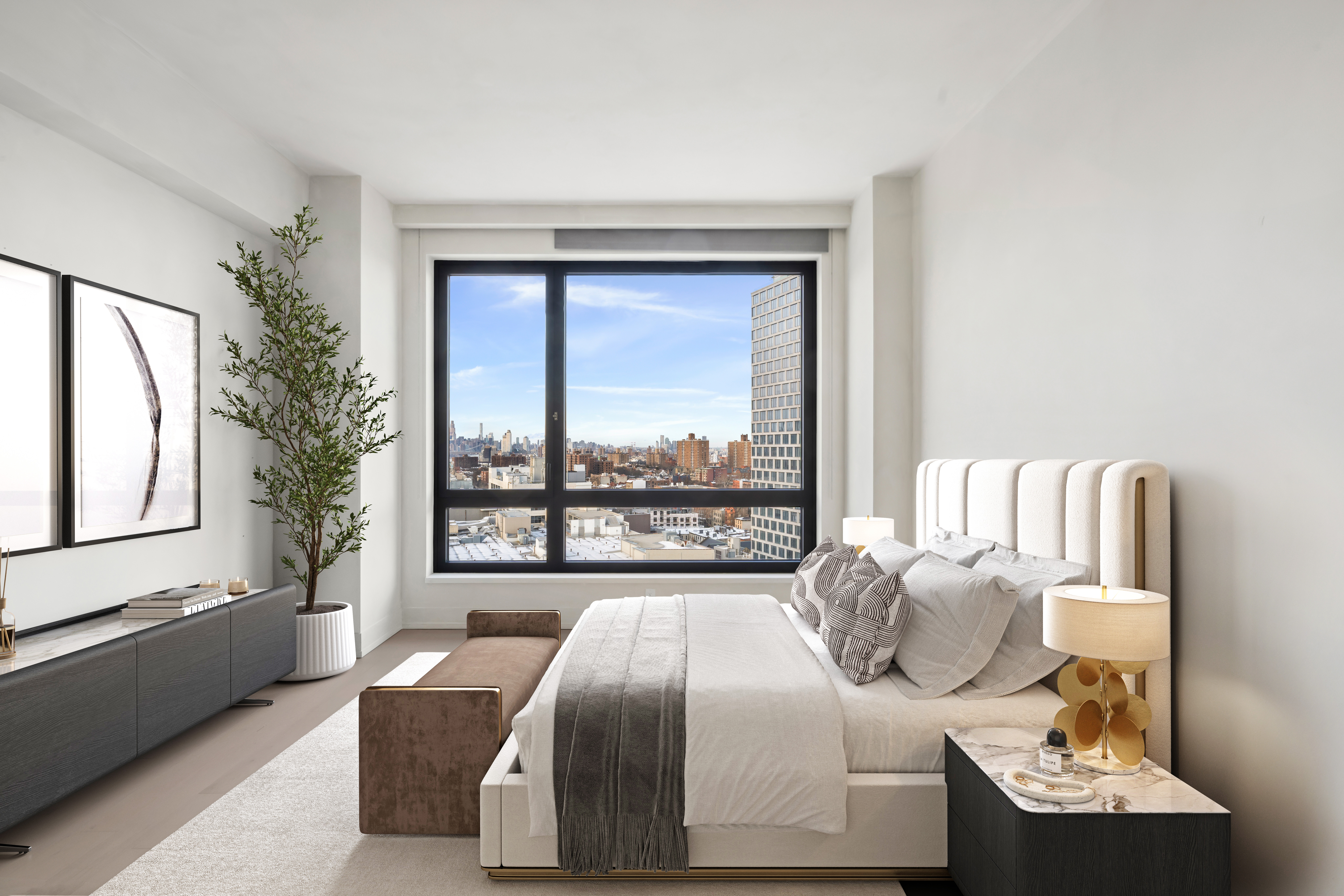 550 Vanderbilt Avenue, Unit 1508 Brooklyn, NY 11238 - Photo 5 of 8 a bedroom with a bed and a large window with outer view