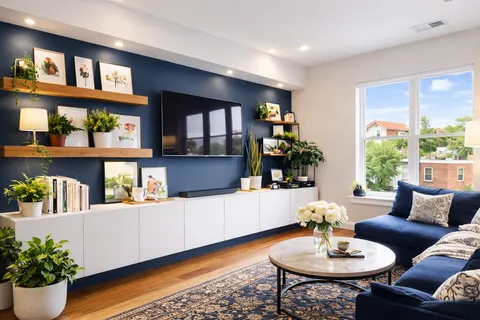 a living room with fireplace furniture and a potted plant