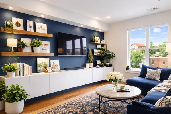 a living room with fireplace furniture and a potted plant