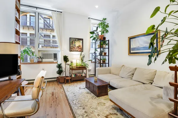 a living room with furniture and a potted plant