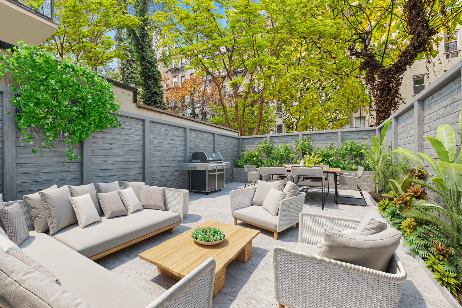 a view of a patio with couches and potted plants
