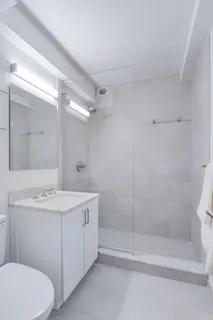 a bathroom with a sink a toilet and shower