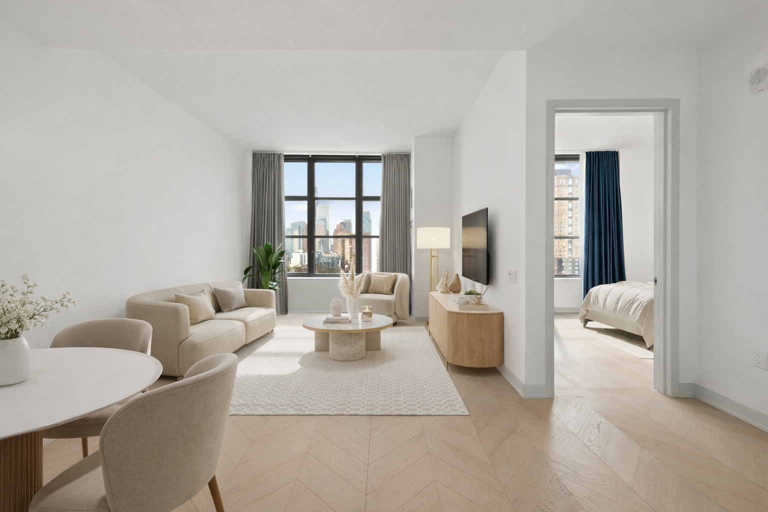 180 Front Street, Unit 12H Brooklyn, NY 11201 - Photo 2 of 20 a living room with furniture and wooden floor
