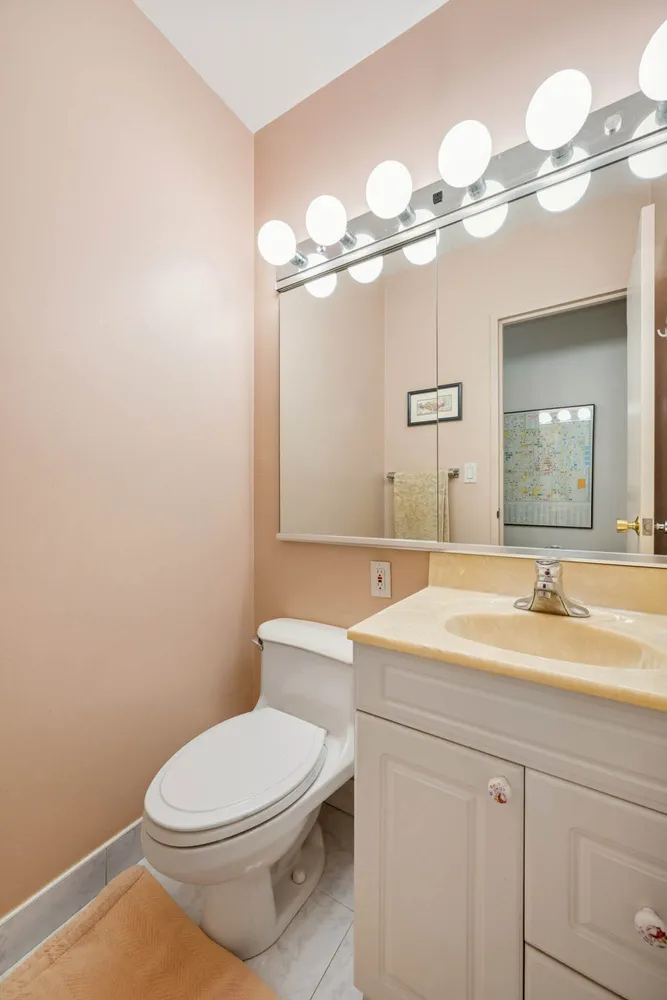 a bathroom with a sink a toilet a mirror and vanity