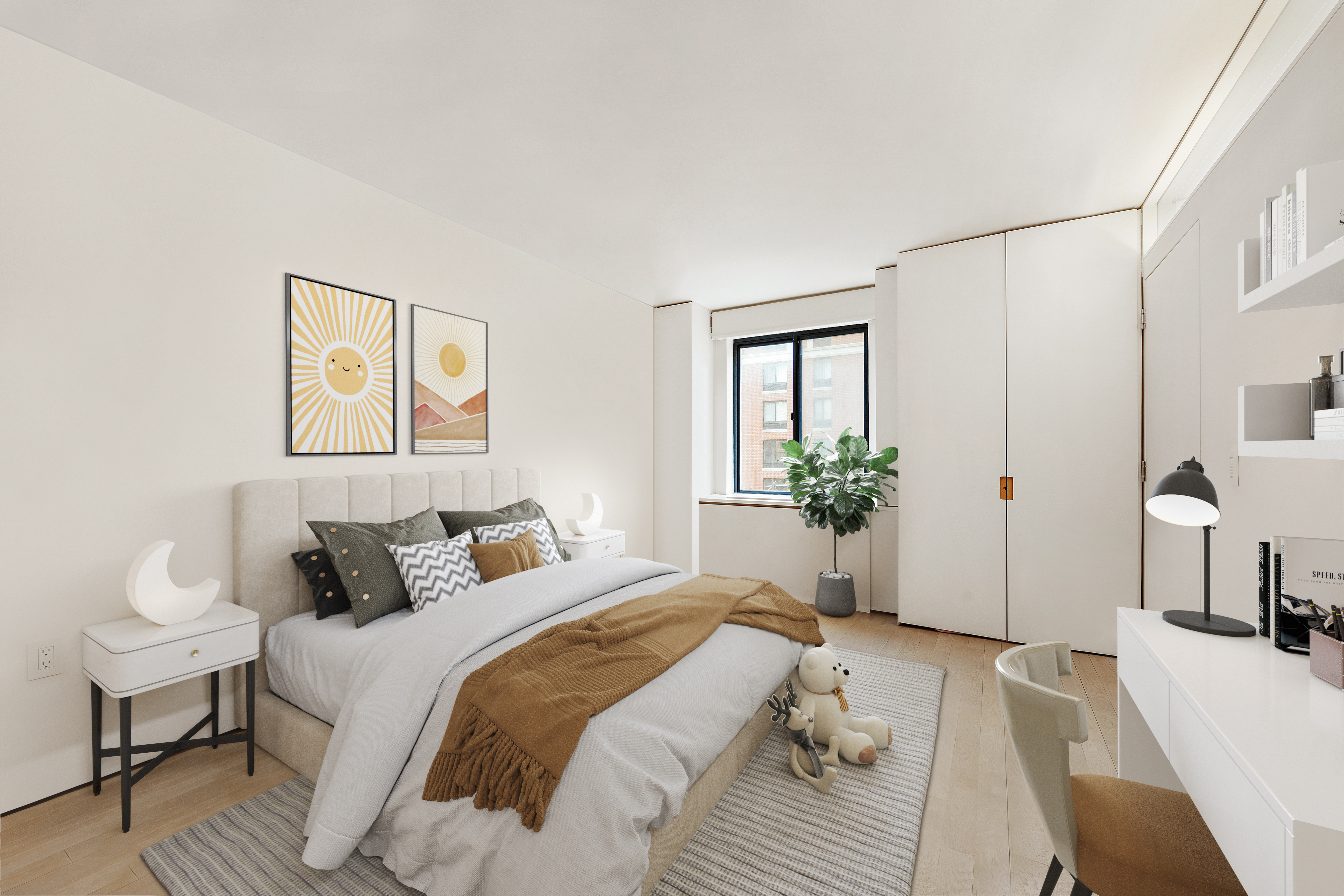 280 Rector Place, Unit 5IJ Manhattan, NY 10280 - Photo 6 of 10 a bedroom with a bed and a potted plant