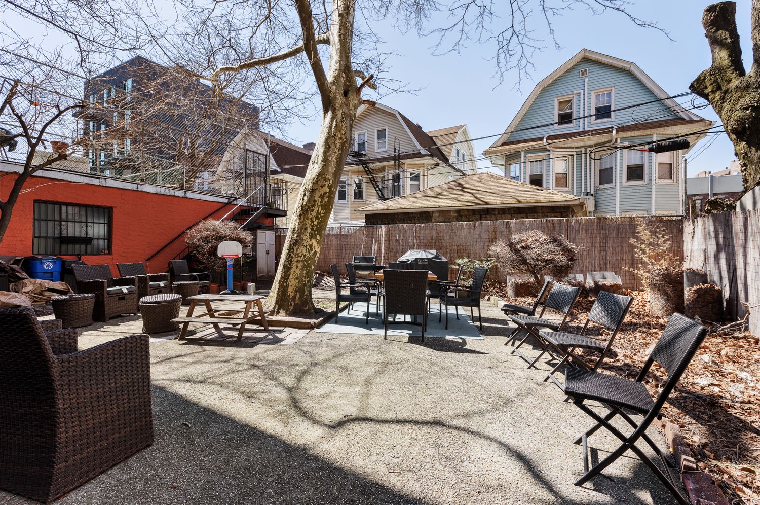 a view of a building with sitting area
