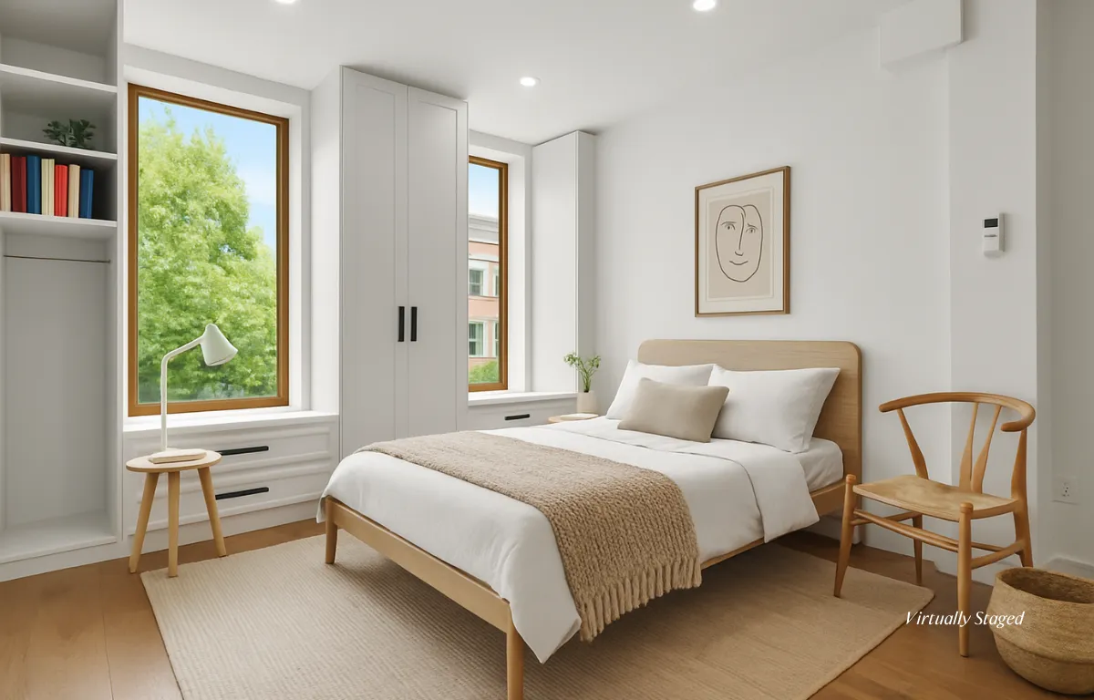 a bedroom with a bed a table and a window