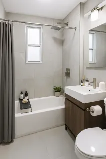 a bathroom with a sink a toilet a mirror a bathtub and shower