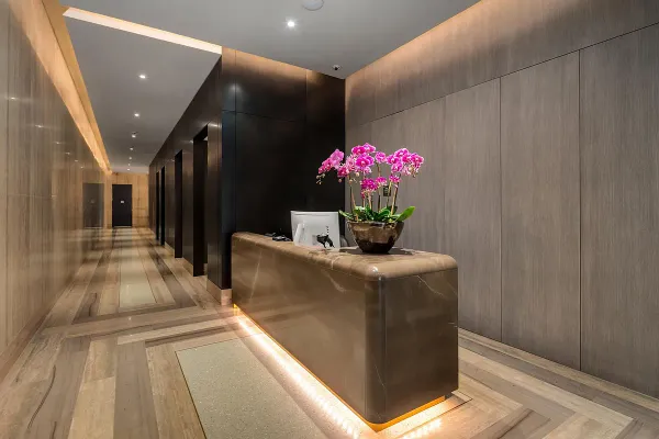 a lobby with furniture and a potted plant