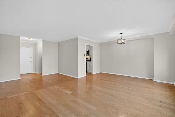 a view of empty room with wooden floor