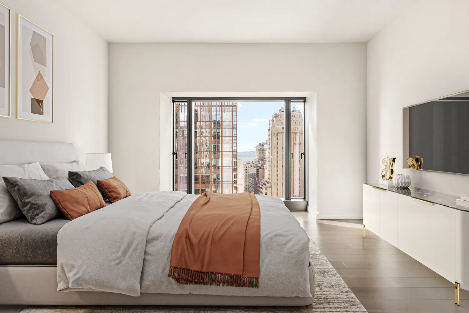 a bedroom with a large bed and a large window