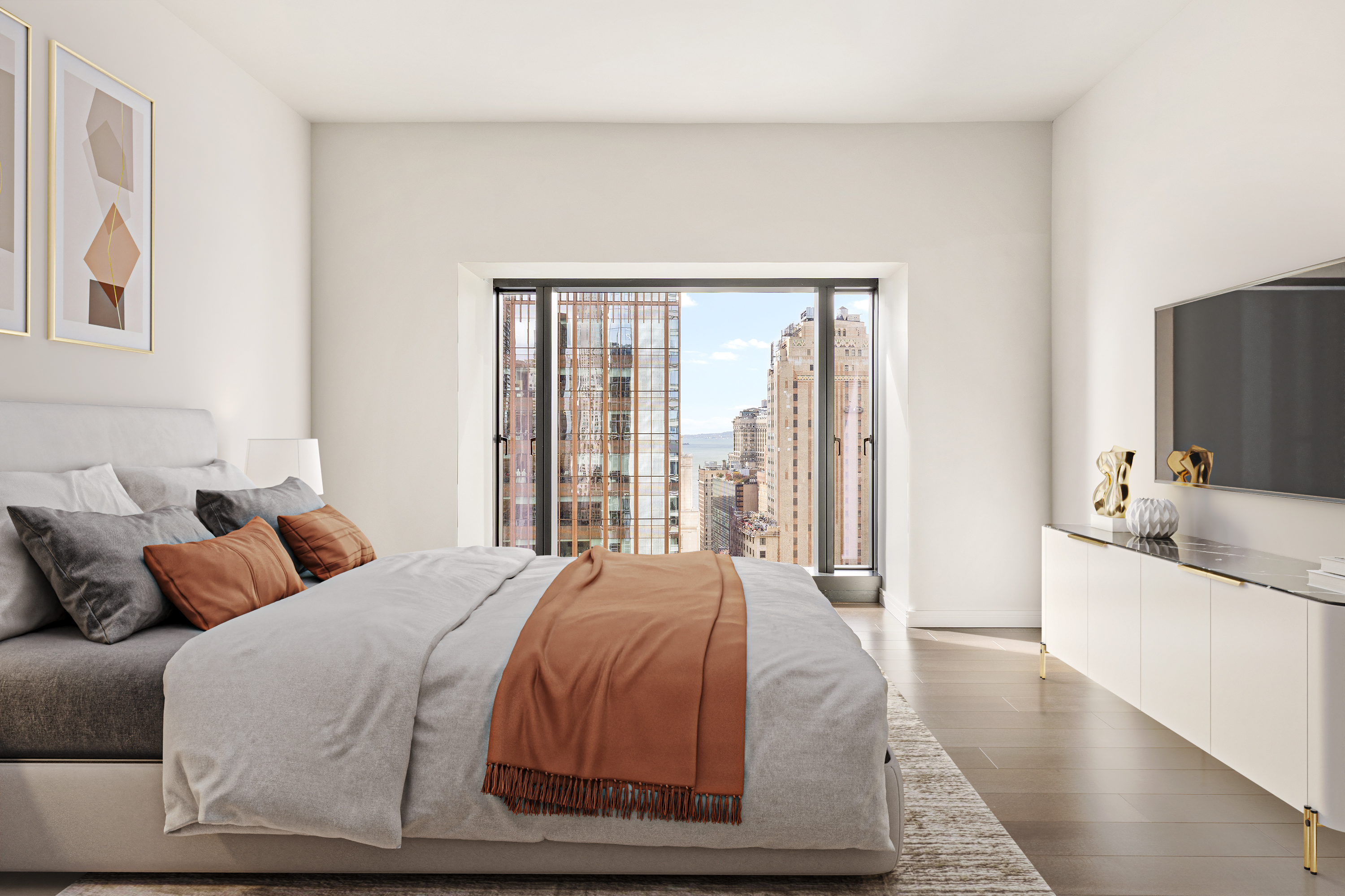 125 Greenwich Street, Unit 37C Manhattan, NY 10006 - Photo 7 of 24 a bedroom with a large bed and a large window