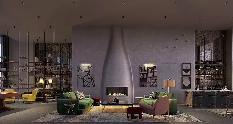 a living room with furniture a fireplace and kitchen view