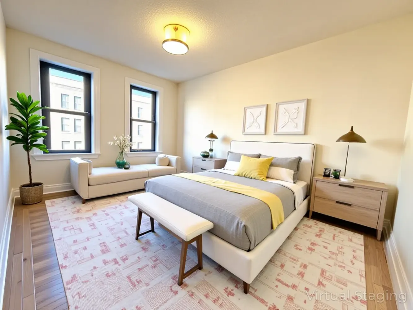 a spacious bedroom with a bed a couch and windows