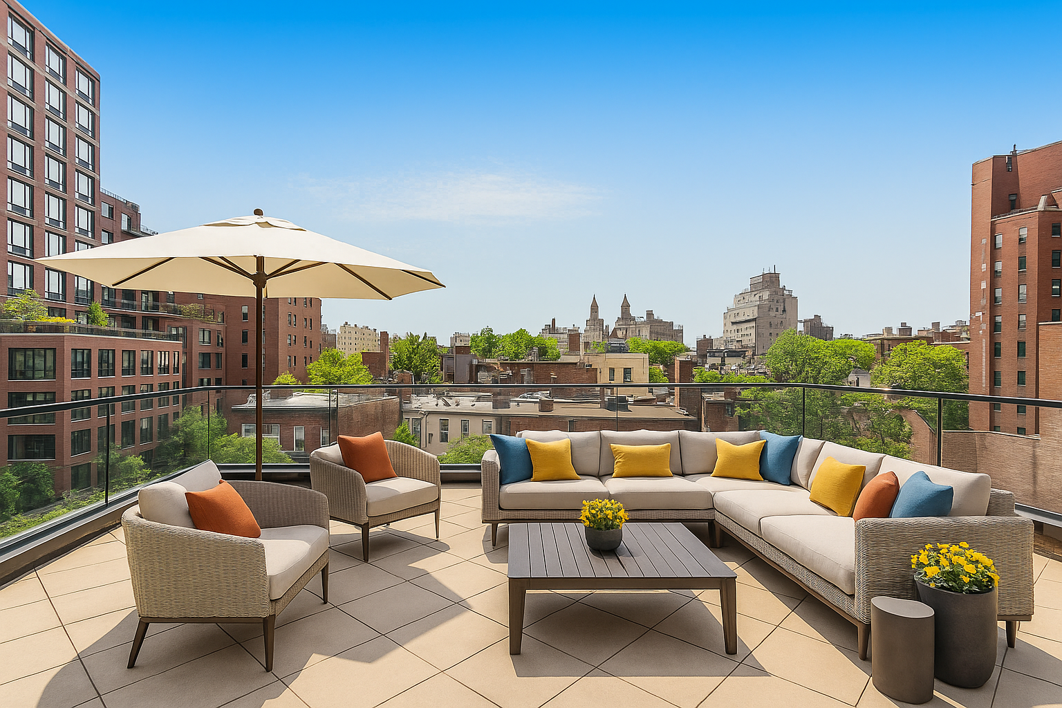 a balcony with outdoor seating and city view