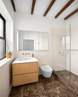 a bathroom with a sink toilet and shower